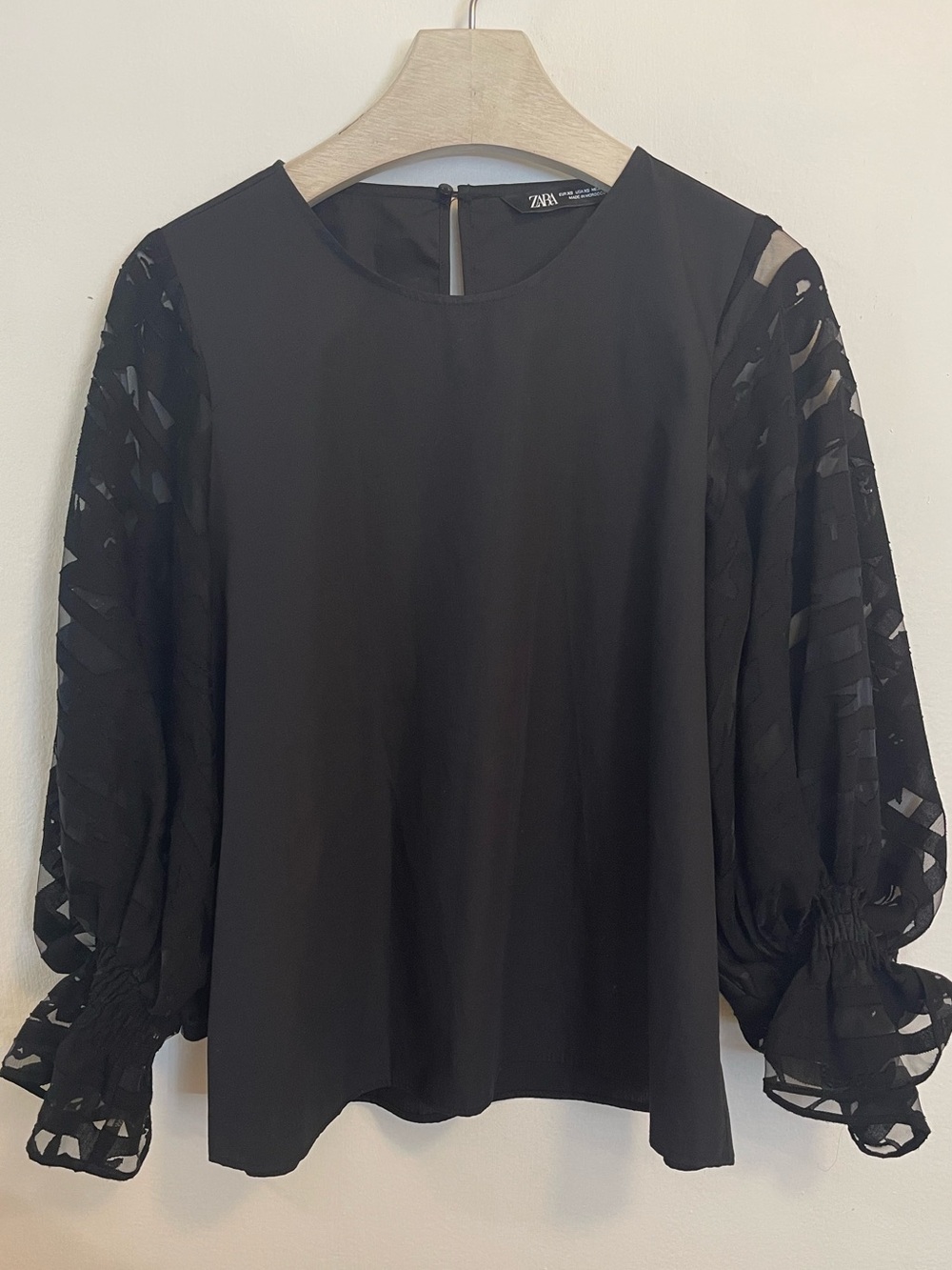Zara Blouse Top Black XS Organza Sheer Balloon Sleeves Smocked Cuffs
